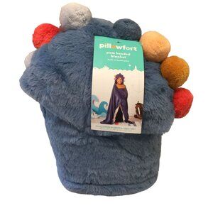 PILLOWFORT Pom Hooded Blanket Built-On Hands Mitts Blue Faux Fur